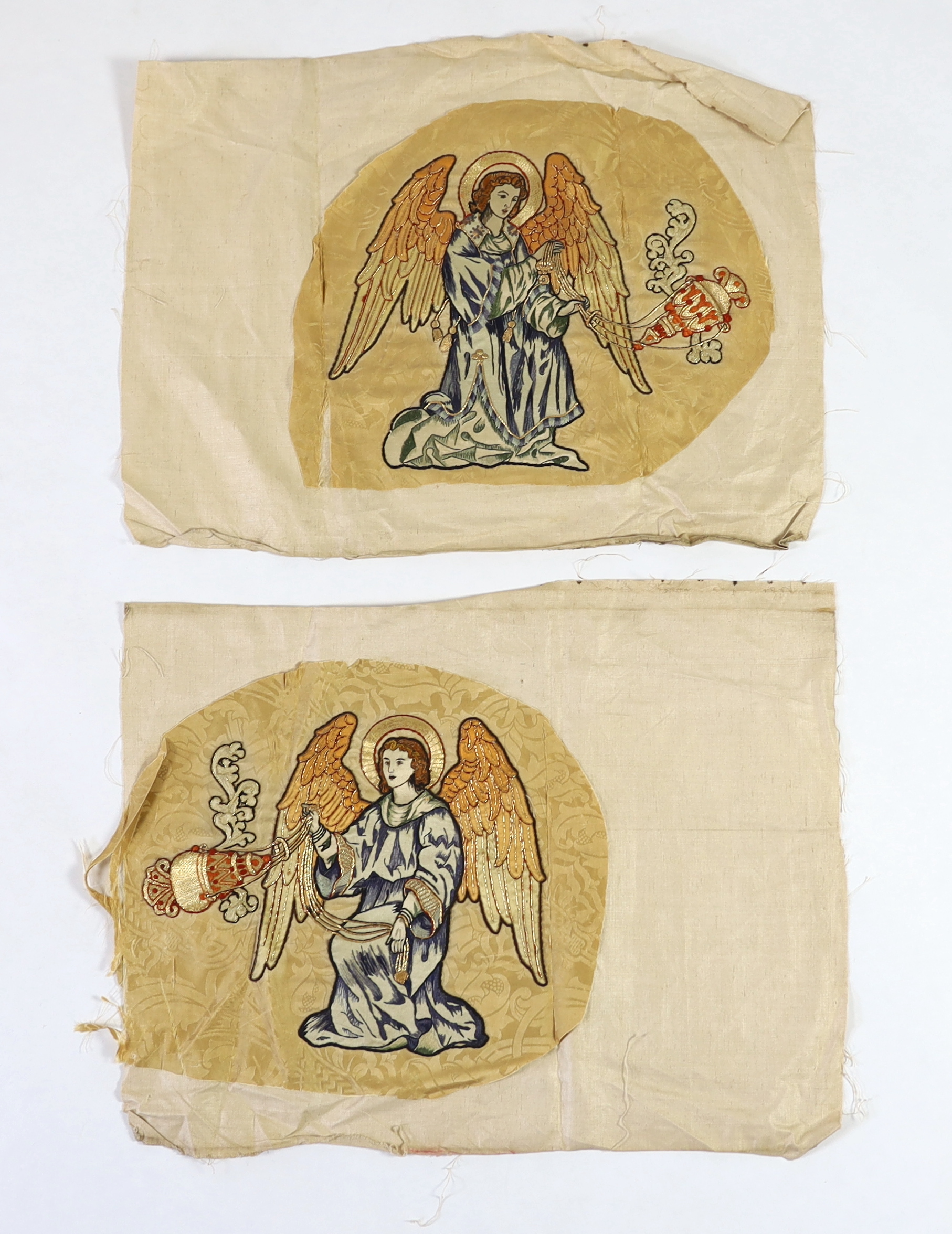 Two 1880-90’s angelic embroideries, appliquéd onto silk damask, originally from an alter frontal, the appliqués being silk embroidered with gold thread highlights of angels with thurible to cleanse with incense, appliqué